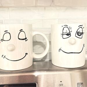 Charming Face Ceramic Mug Set - White/black. Smile. Protruding nose. Set of 2